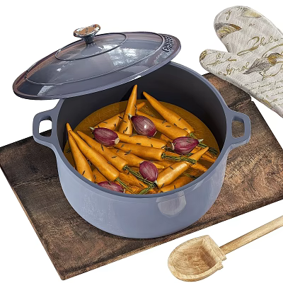 Blue Enamel Cooking Pot With Open Lid Carrots Onions Herbs and Wooden Spoon for Kitchen 3d model
