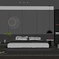 Modern Bedroom Interior With Dark Gray Striped Walls Circular Lighting Decor And Gray Bed