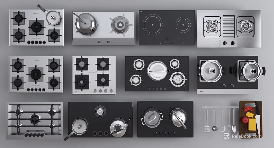 Various Kitchen Appliances Including Different Types Of Stoves Cooktops And Cooking Utensils 3d model 