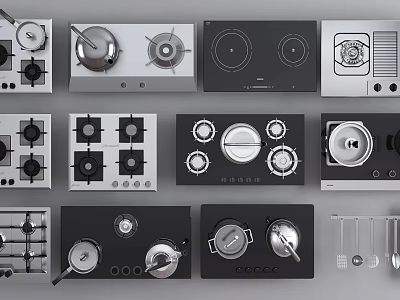 Various Kitchen Appliances Including Different Types Of Stoves Cooktops And Cooking Utensils 3d model