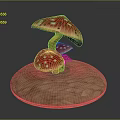 Vibrant Red Mushroom Caps with White Spots and Yellow Stems on Wooden Base