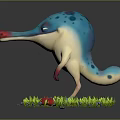 Cute Blue and White Spotted Cartoon Creature with Long Pink Snout Standing on Green Grass