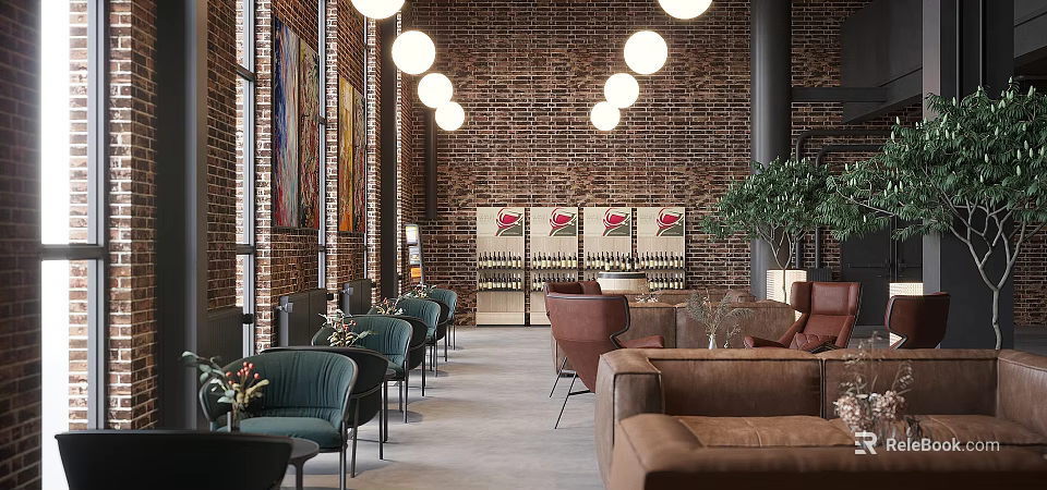 Industrial Style Restaurant Interior With Brick Walls Pendant Lights And Comfortable Seating 3d model 