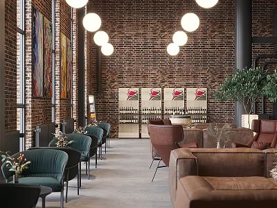 Industrial Style Restaurant Interior With Brick Walls Pendant Lights And Comfortable Seating 3d model