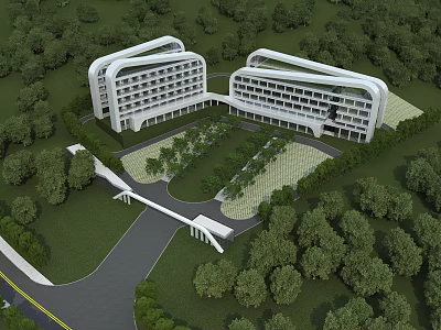 Modern Office Building Complex With Curved Architecture And Lush Green Surroundings 3d model