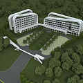 Modern Office Building Complex With Curved Architecture And Lush Green Surroundings