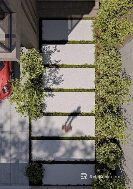 Stepping Stones Garden Path Design With Gray Stone Slabs And Lush Green Plants 3d model 