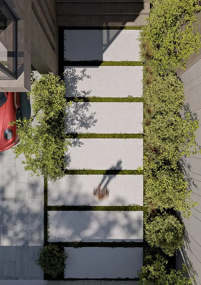 Stepping Stones Garden Path Design With Gray Stone Slabs And Lush Green Plants 3d model