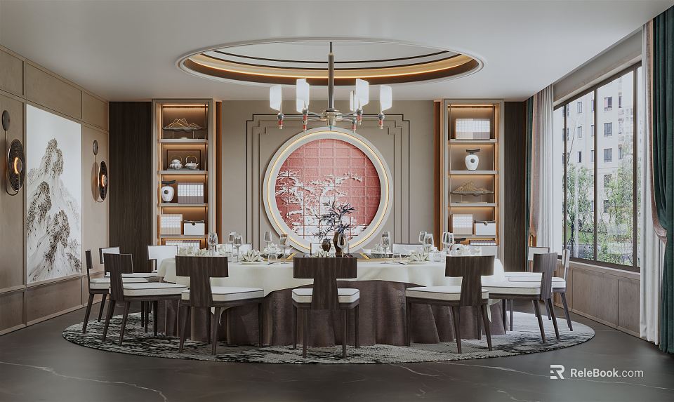 Elegant Private Dining Room Interior With Round Table White Tablecloth Chandelier And Circular Painting 3d model 