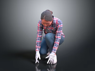A Woman Wearing Plaid Shirt And White Gloves Squatting On Black Floor Checking Surface 3d model