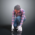 A Woman Wearing Plaid Shirt And White Gloves Squatting On Black Floor Checking Surface