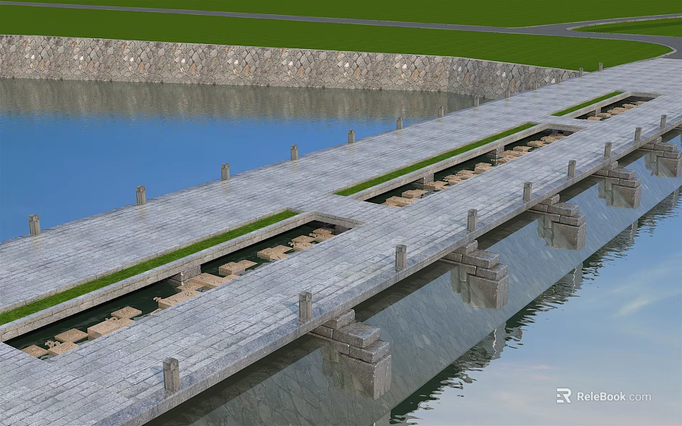 Scenic Stone Deck Bridge With Railing Posts Over Calm Water And Green Grass 3d model