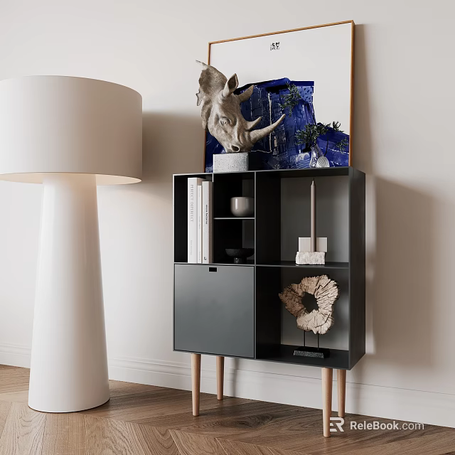 Modern Minimalist Black Entryway Console Cabinet With Storage Shelves Books And Decorative Sculptures 3d model 