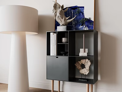 Modern Minimalist Black Entryway Console Cabinet With Storage Shelves Books And Decorative Sculptures 3d model