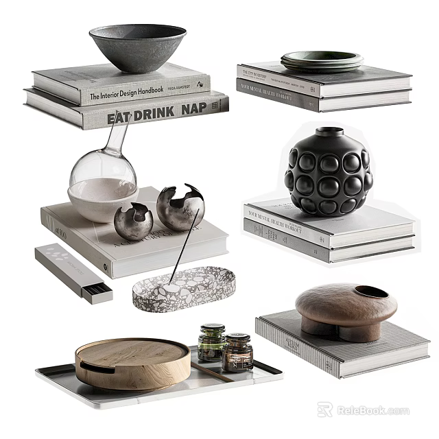 Stylish Books And Magazines Display With Stacked Volumes Decorative Vase And Wooden Tray 3d model 