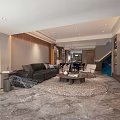 Modern Living Dining Room Interior With Dark Sofa Blue Chair And Marble Floor