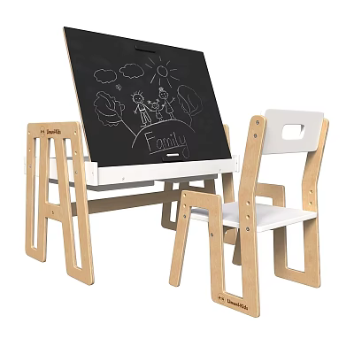 Kids Wooden Easel Desk With Chalkboard Top Family Drawings And Chair 3d model