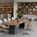 Modern Conference Room Interior Design With Long Table Comfortable Chairs And Bookshelves