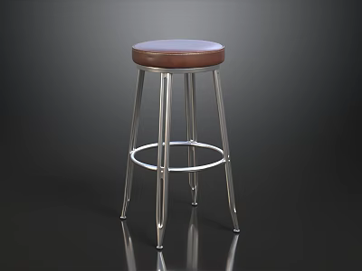 Modern Bar Stool With Brown Leather Seat And Chrome Metal Legs 3d model