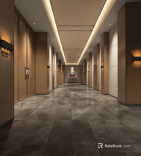 Front Desk Reception Area With Modern Wooden Panels And Elegant Lighting Design 3d model 