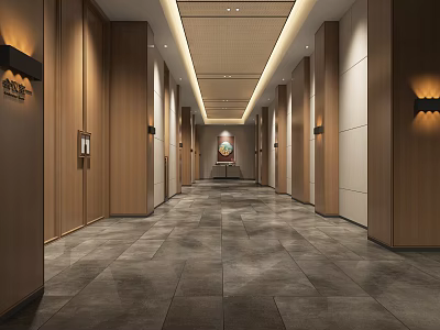 Front Desk Reception Area With Modern Wooden Panels And Elegant Lighting Design 3d model