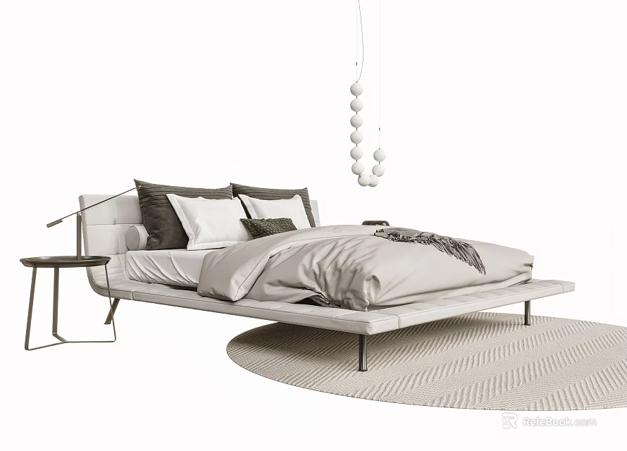 Modern Minimalist Double Bed With Gray Bedding Small Nightstand Pendant Light And Rug 3d model 