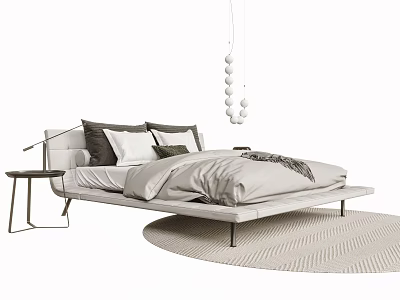 Modern Minimalist Double Bed With Gray Bedding Small Nightstand Pendant Light And Rug 3d model
