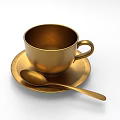 Golden Metallic Cup With Saucer And Spoon On White Background