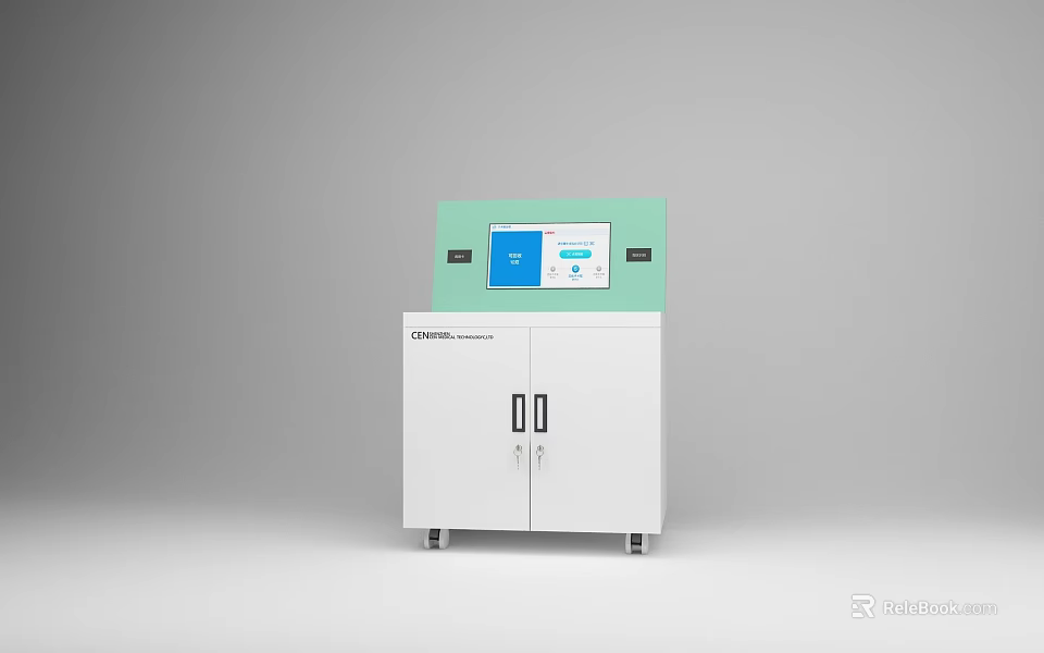 White And Green Storage Cabinet With Double Doors Control Panel On Top And Mobile Wheels 3d model 