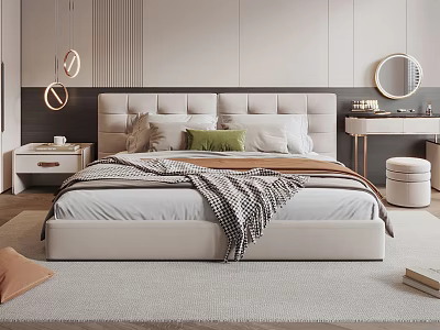 Modern Double Bed with Upholstered Headboard Soft Pillows Blanket Nightstand and Mirror on Neutral Rug 3d model