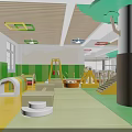 Colorful Kindergarten Indoor Play Area With Slides Climbing Frames And Hanging Lights