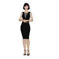 Woman in Black Bodycon Dress with Sheer Mesh Belt High Heels Front Side Back Views
