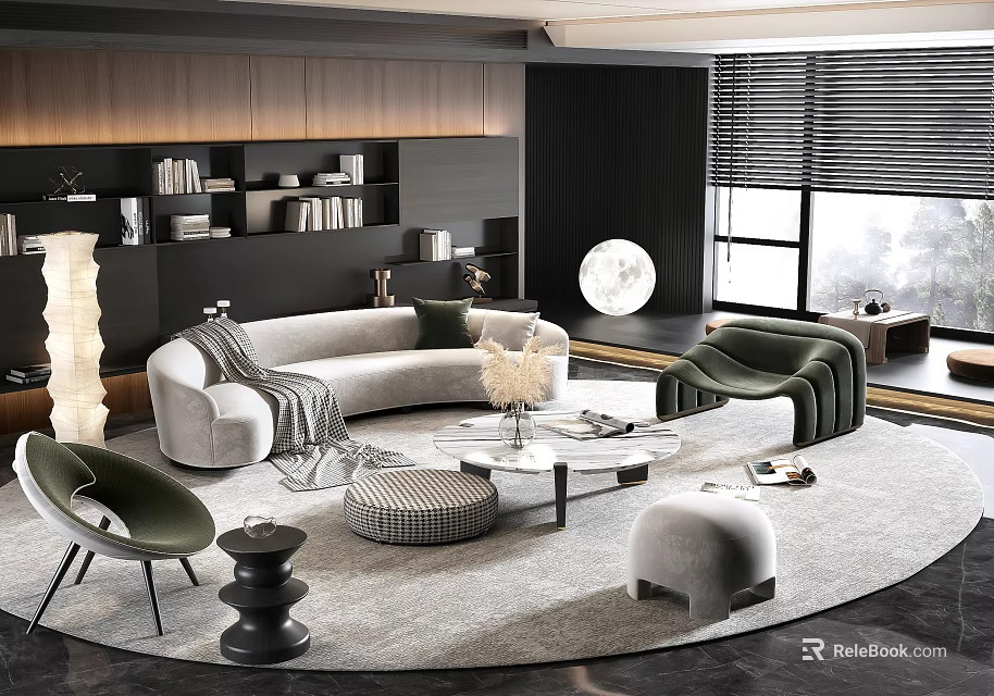 Modern Curved Sofa And Round Glass Coffee Table Set With Green Armchair And Gray Rug 3d model 