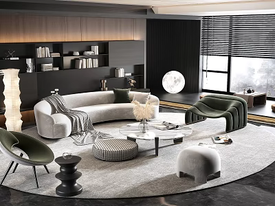 Modern Curved Sofa And Round Glass Coffee Table Set With Green Armchair And Gray Rug 3d model