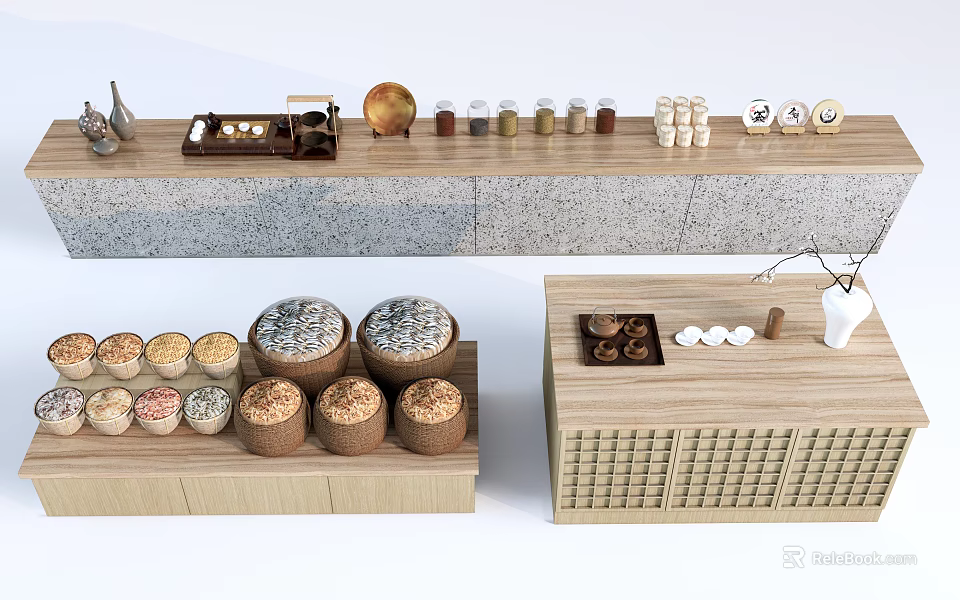 Wooden Display Shelves With Bread Loaves Spice Jars And Decorative Items 3d model 