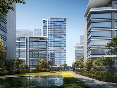 Modern High Rise Residential Building With Green Garden Pool And Sidewalk Surroundings 3d model