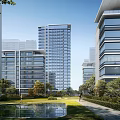 Modern High Rise Residential Building With Green Garden Pool And Sidewalk Surroundings