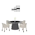 Round Dining Table Set With Black Base Four Beige Chairs And Modern Hanging Light 3d model