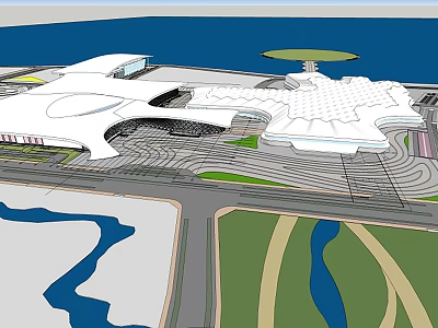 Modern Architectural Complex With Unique Roof Design And Surrounding Green Spaces Roads Water Areas 3d model