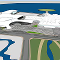 Modern Architectural Complex With Unique Roof Design And Surrounding Green Spaces Roads Water Areas