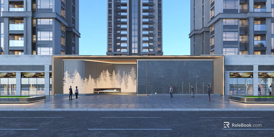 Modern Entrance Gate With Tree-Patterned Wall And Dark Stone Wall Near High-Rise Buildings With People Walking 3d model 