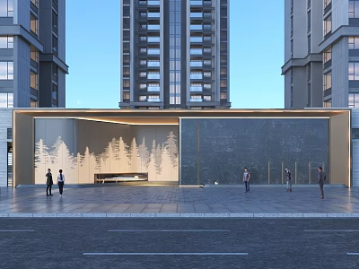 Modern Entrance Gate With Tree-Patterned Wall And Dark Stone Wall Near High-Rise Buildings With People Walking 3d model