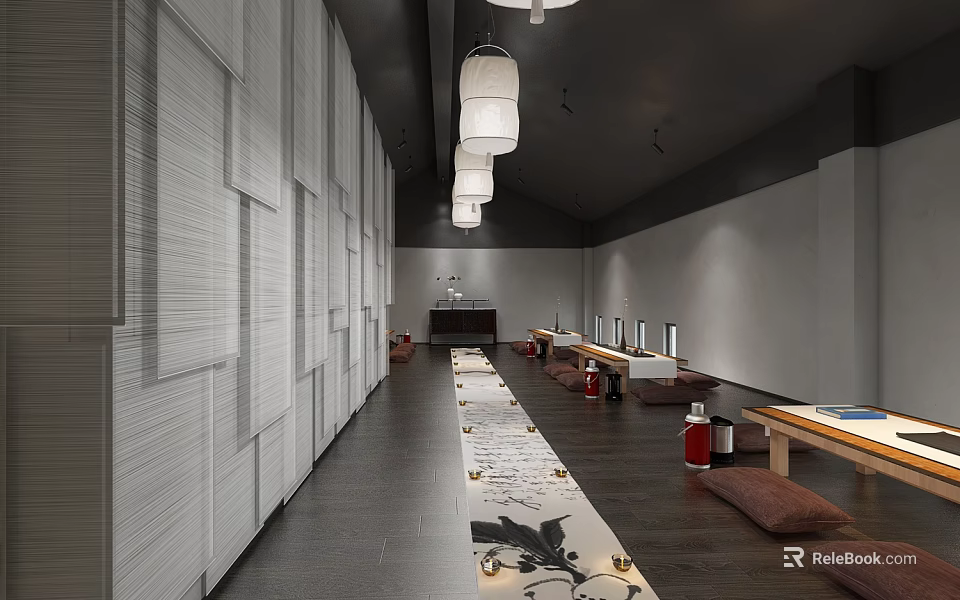 Traditional Modern Tea House Interior With Hanging Lanterns And Wooden Tables 3d model 