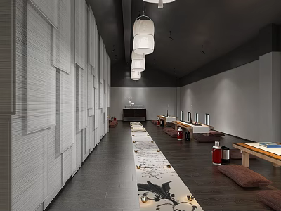 Traditional Modern Tea House Interior With Hanging Lanterns And Wooden Tables 3d model