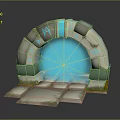 Stone Archway Structure With Illuminated Symbols And Glowing Blue Sphere