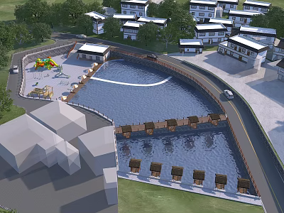 Lush Garden Landscape With Pond Wooden Walkway Colorful Playground Area And Residential Buildings 3d model