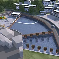 Lush Garden Landscape With Pond Wooden Walkway Colorful Playground Area And Residential Buildings