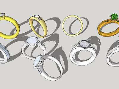 Elegant Jewelry Rings Collection With Gold Silver Bands And Green Gemstone Accents 3d model