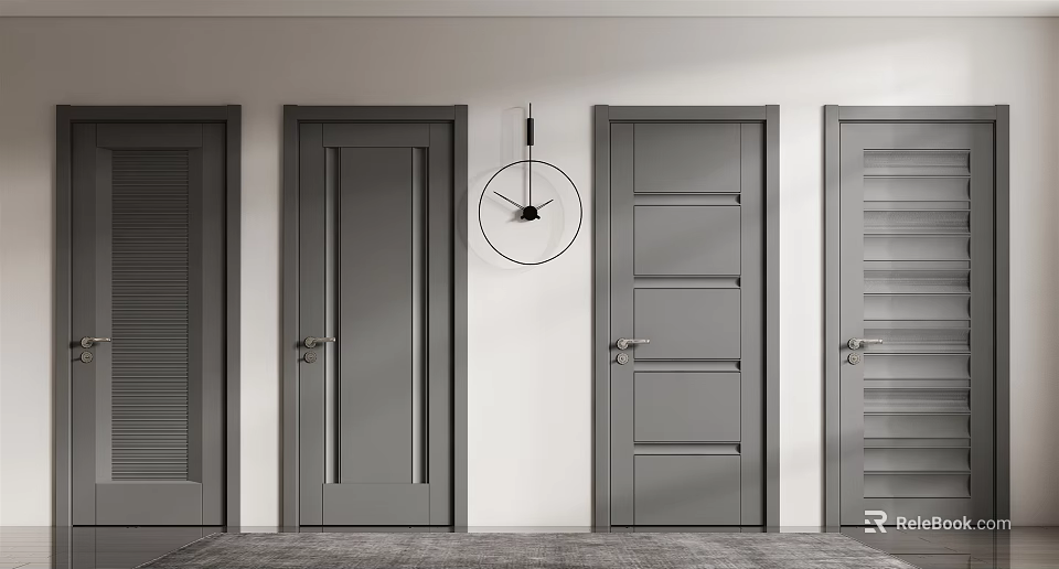 Modern Gray Hinged Doors With Various Paneled And Louvered Designs On White Wall 3d model 