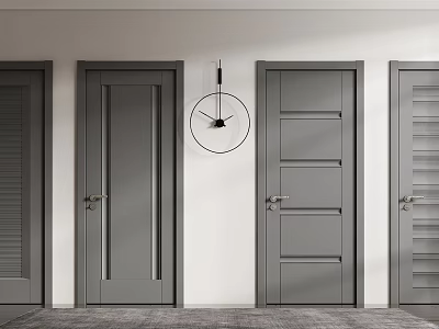 Modern Gray Hinged Doors With Various Paneled And Louvered Designs On White Wall 3d model